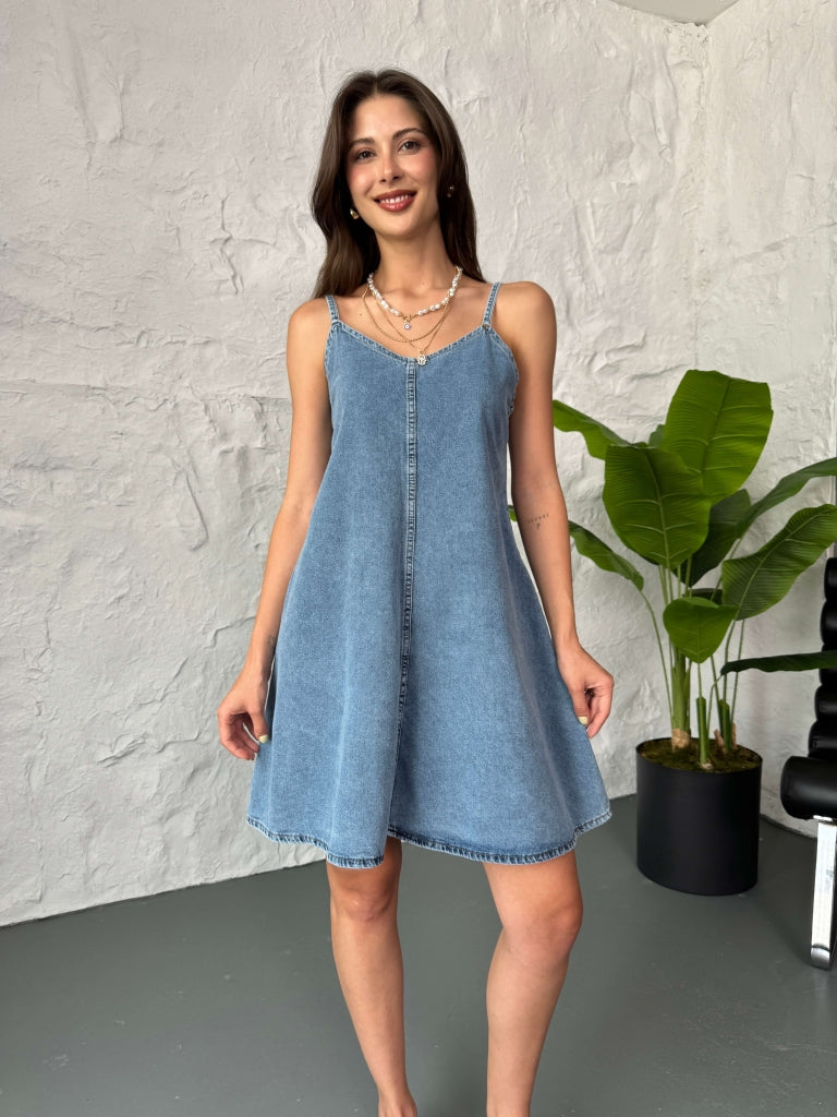Mavi Askılı Kısa Jean Elbise