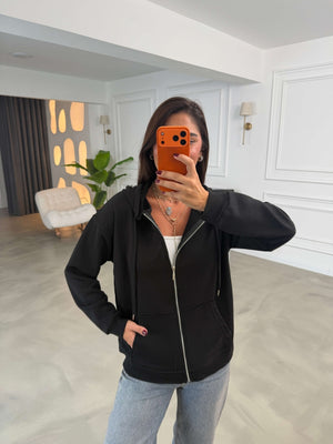 Siyah Kapüşonlu Fermuarlı Basic Sweatshirt 4321-Siyah