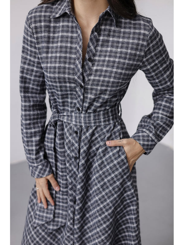 Lacivert Kuşaklı Ekose Elbise 8245-Lacivert