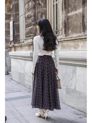 Lacivert Ekose Detaylı Şifon Etek 0613-Lacivert