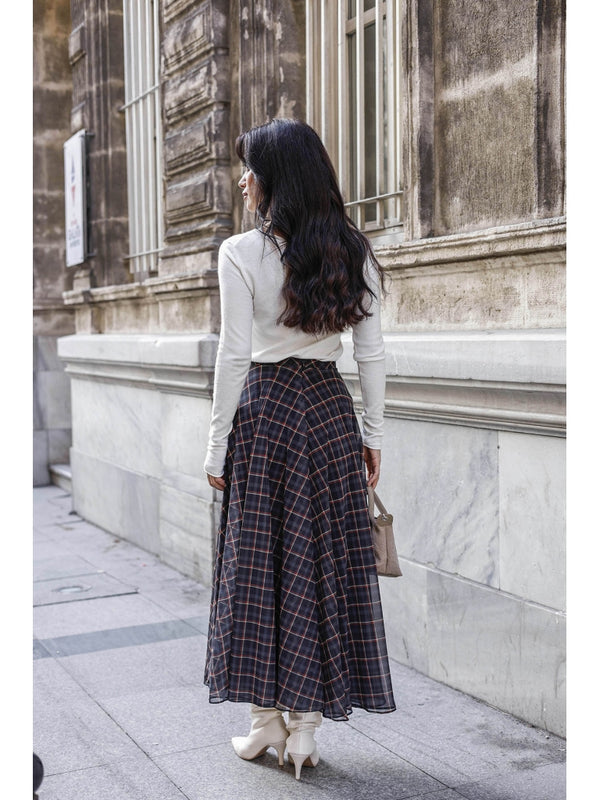 Lacivert Ekose Detaylı Şifon Etek 0613-Lacivert