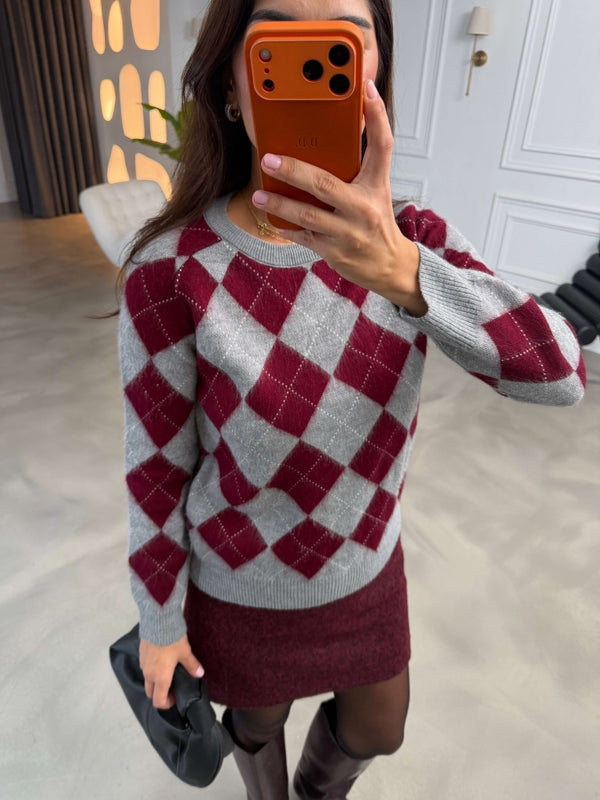 Bordo Baklava Desen Yumuşak Kazak 2319-Bordo