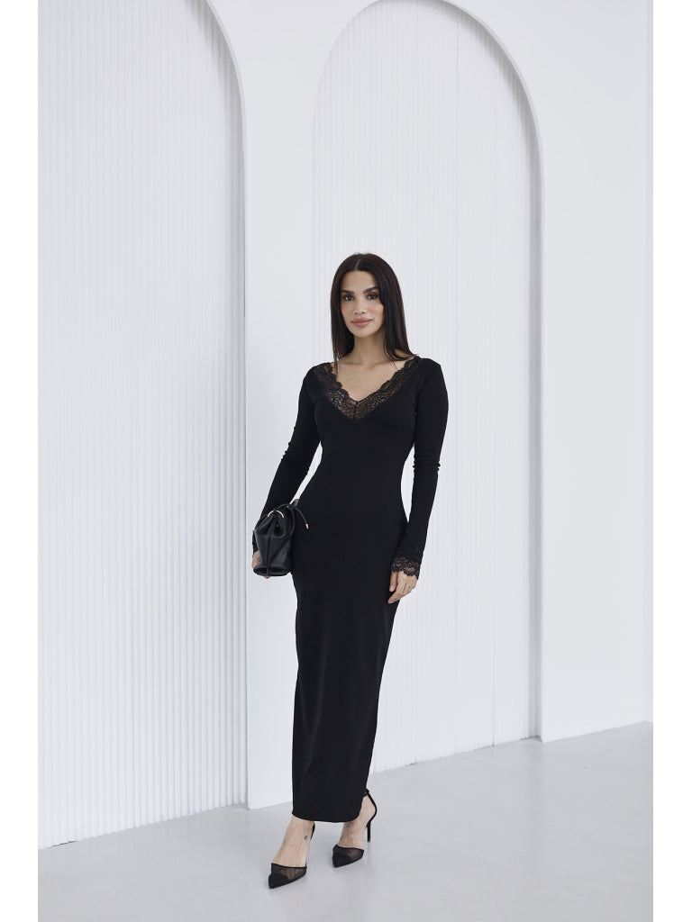 Siyah Dantel Yaka Elbise 4104-Siyah
