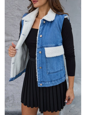 Mavi İçi Kürklü Denim Yelek 11130-Mavi