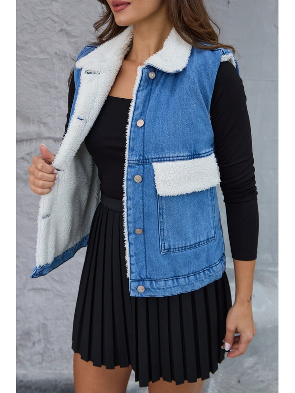 Mavi İçi Kürklü Denim Yelek 11130-Mavi