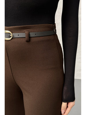 Kahverengi İnce Kemerli Bol Paça Pantolon 9150-Kahverengi