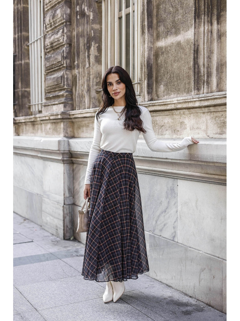 Lacivert Ekose Detaylı Şifon Etek 0613-Lacivert