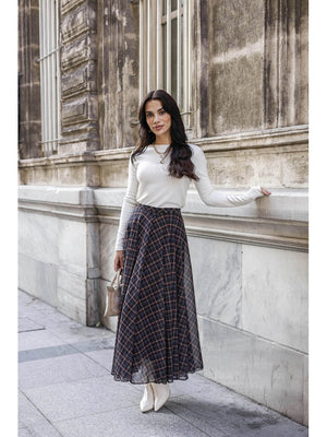 Lacivert Ekose Detaylı Şifon Etek 0613-Lacivert