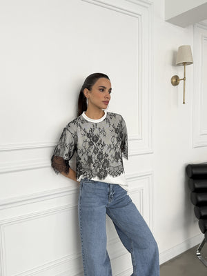 Beyaz Dantelli Tasarım Tshirt 1092-Beyaz