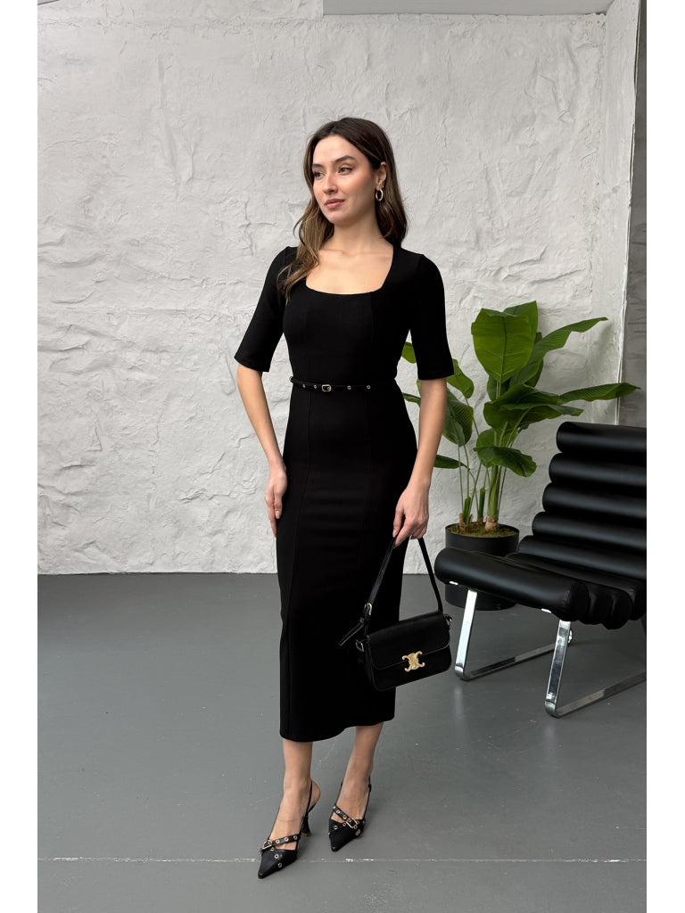 Siyah Kare Yaka Kemerli Maxi Elbise 1271-Siyah