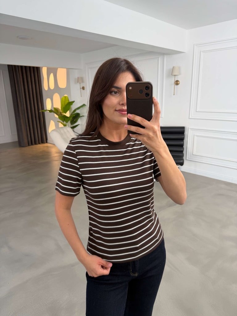 Kahve Çizgili Bisiklet Yaka Tshirt AK26327-Kahve