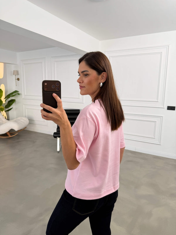 Pembe Bisiklet Yaka Basıc Tshirt 6597-Pembe