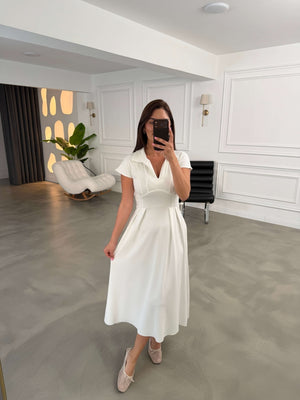 Beyaz Polo Yaka Pensli Modal Elbise 4129-Beyaz