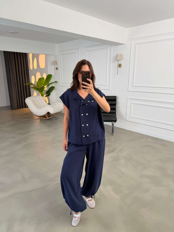 Lacivert Çıtçıtlı Tensel Şalvar Takım 4160-Lacivert