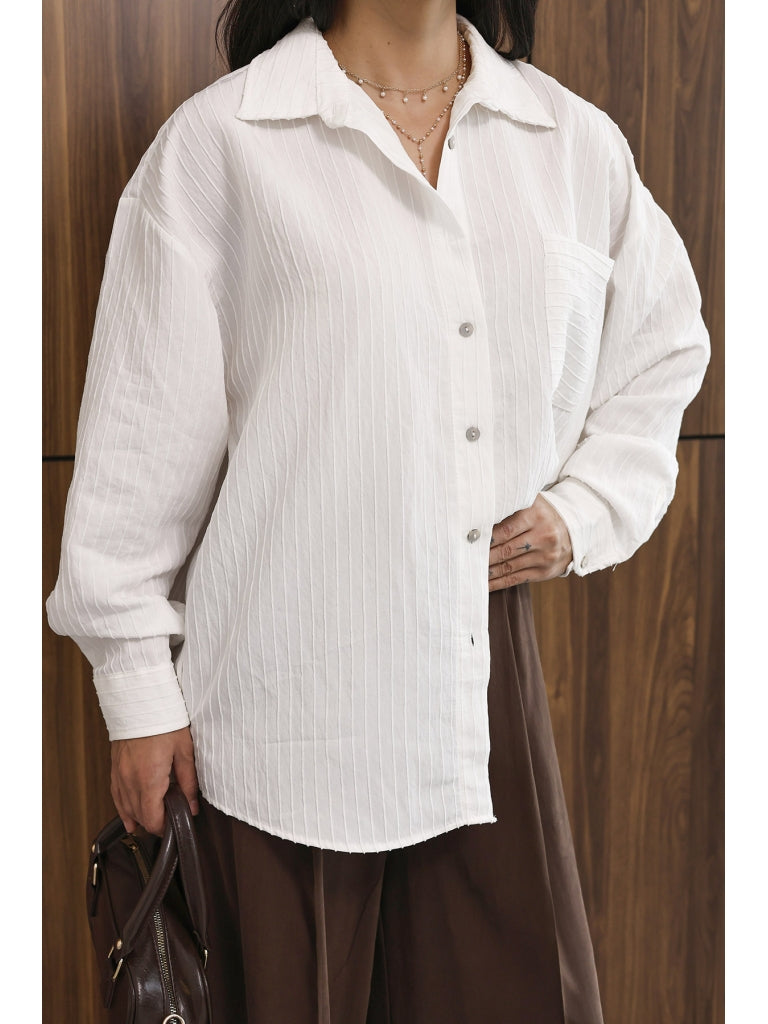 Beyaz Fitilli Oversize Gömlek 5000-Beyaz