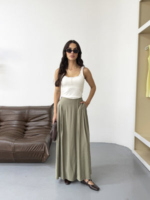 Haki Beli Pilili Tencel Pantolon 51204-Haki