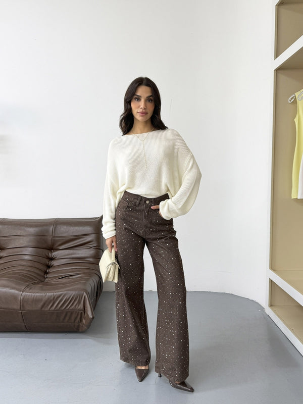 Koyu Kahve Taş Detaylı Palazzo Jean 0027-KOYU KAHVE