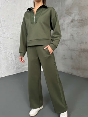 Haki Paraşüt Şeritli Fermuarlı Scuba Takım 2624-Haki