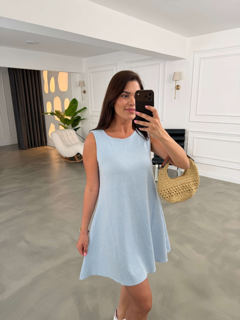 Mavi Çizgili Sıfır Kol Elbise 80148-Mavi