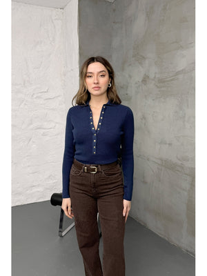 İndigo Polo Yaka Çıtçıtlı Kazak 251172-İndigo