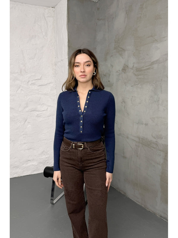 İndigo Polo Yaka Çıtçıtlı Kazak 251172-İndigo