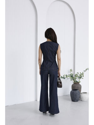 Mavi Gold Düğmeli İnce Denim Takım 18053-Mavi