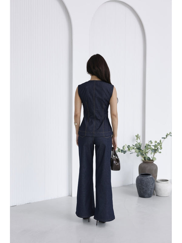 Mavi Gold Düğmeli İnce Denim Takım 18053-Mavi