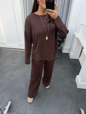 Kahverengi Etek Ucu Dantelli Modal Takım 4105-Kahverengi