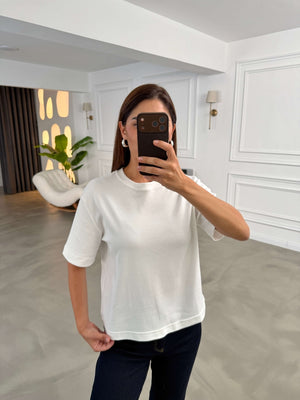 Beyaz Bisiklet Yaka Basıc Tshirt 6597-Beyaz