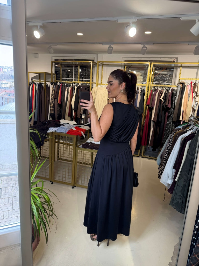 Lacivert Bel Detaylı Drapeli Elbise 8228-Lacivert