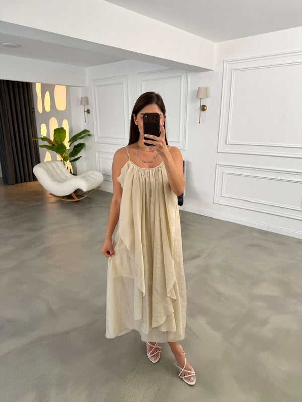Taş İp Askılı Fırfırlı Elbise EY3422-Taş