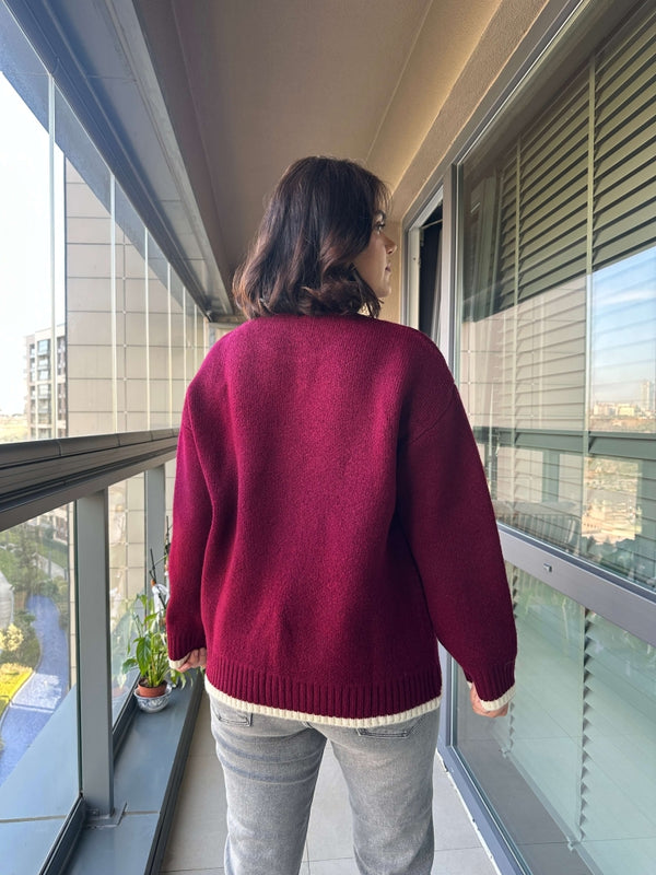 Bordo Çizgi Detaylı Oversize Kazak