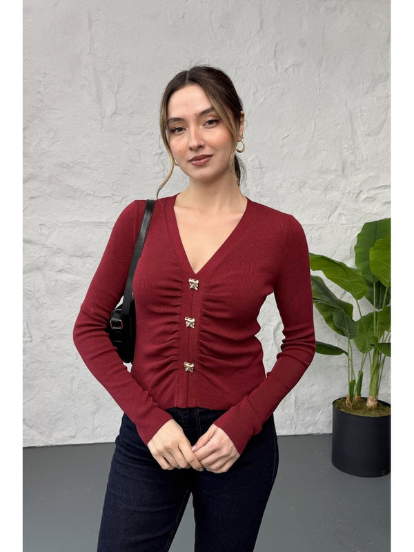 Dilvin  Bordo V Yaka Düğmeli Triko Kazak 10805-Bordo