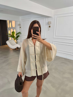 Taş İp Bağcıklı Tencel Gömlek 5098-Taş