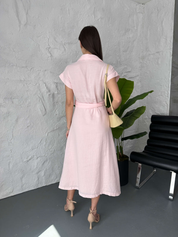 Pembe Dantel Detaylı Müslin Elbise