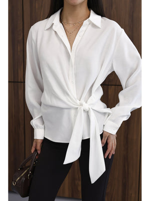 Beyaz Yan Bağlamalı Tencel Gömlek 0897-Beyaz