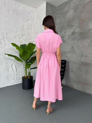 Pembe Bel Lastikli Çilek Elbise 7010-Pembe