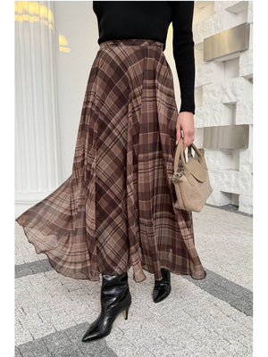 Kahverengi  Ekose Detaylı Şifon Etek 0613-Kahve