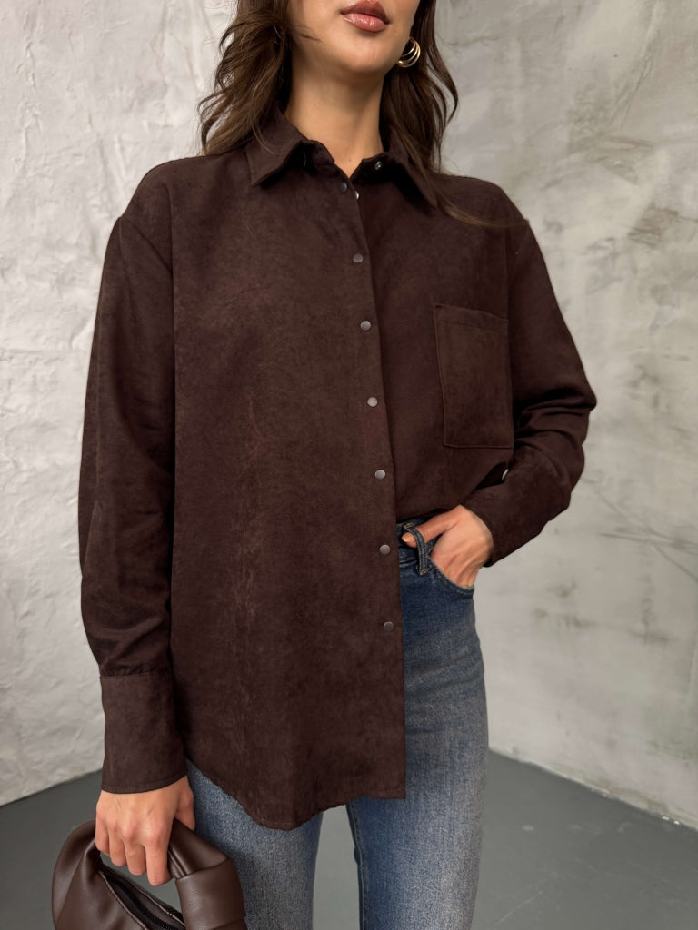 Kahverengi ÇıtÇıtlı Süet Gömlek 580570-Kahve