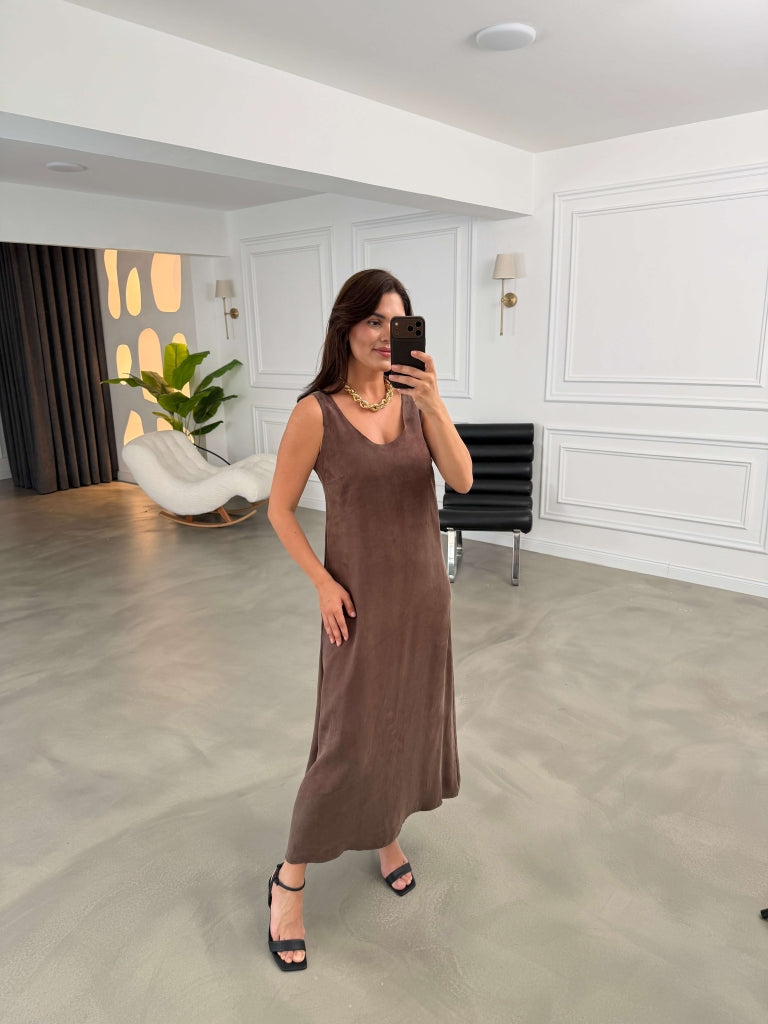 Kahve Kalın Askı Uzun Elbise 33004-Kahve