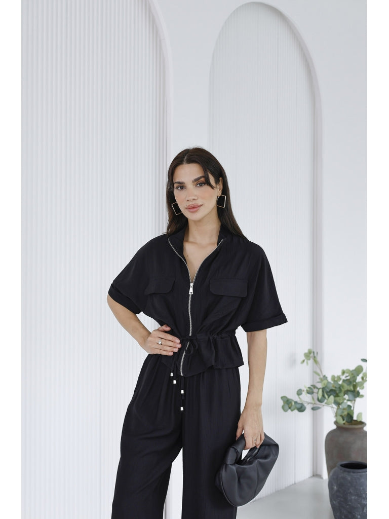 Siyah Cepli İp Detaylı Krinkıl Takım 580343-Siyah