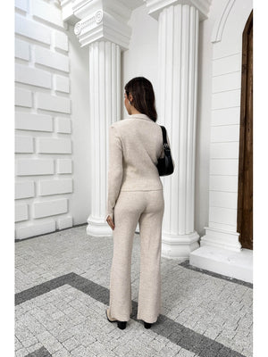 Taş Çift Fermuarlı Fitilli Triko Takım 0103-Taş