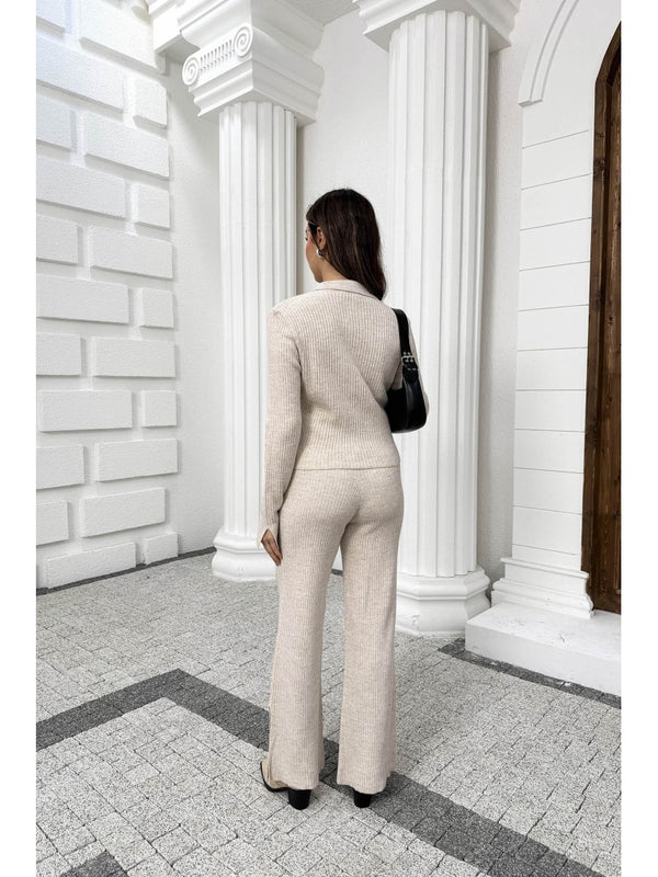 Taş Çift Fermuarlı Fitilli Triko Takım 0103-Taş