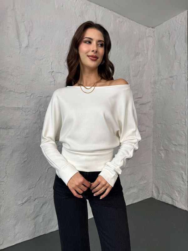 Ekru Kayık Yaka Modal Bluz 2540-Ekru