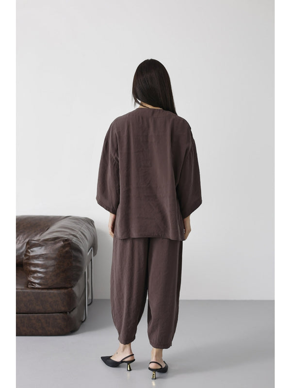 Koyu Kahverengi Tek Düğmeli Bluz Pantolon Takım 51189-Koyu Kahve