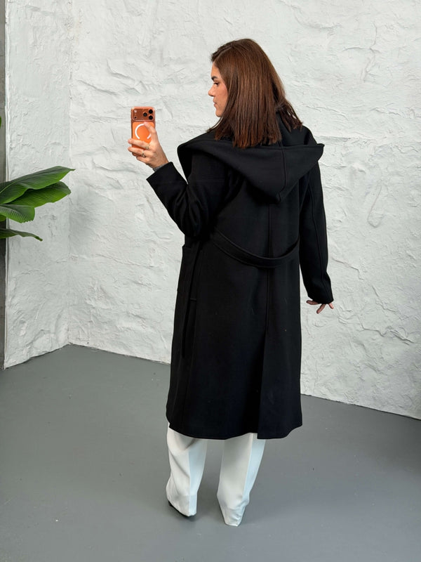 Siyah Kapşonlu Kaşe Kaban 2610-Siyah