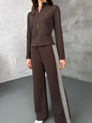 Acı Kahve Şeritli Likralı Eşofman Takımı T006-KAHVE