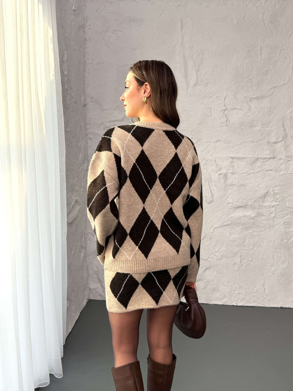 Vizon Baklava Desen Etek Kazak Takım 2575-Vizon