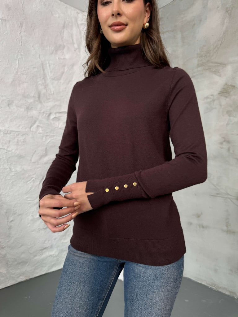 Kahverengi Balıkçı Yaka Gold Düğmeli Triko Bluz 2315-Kahverengi