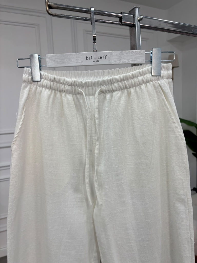 Ekru Beli Bağcıklı Keten Pantolon 7532-Ekru